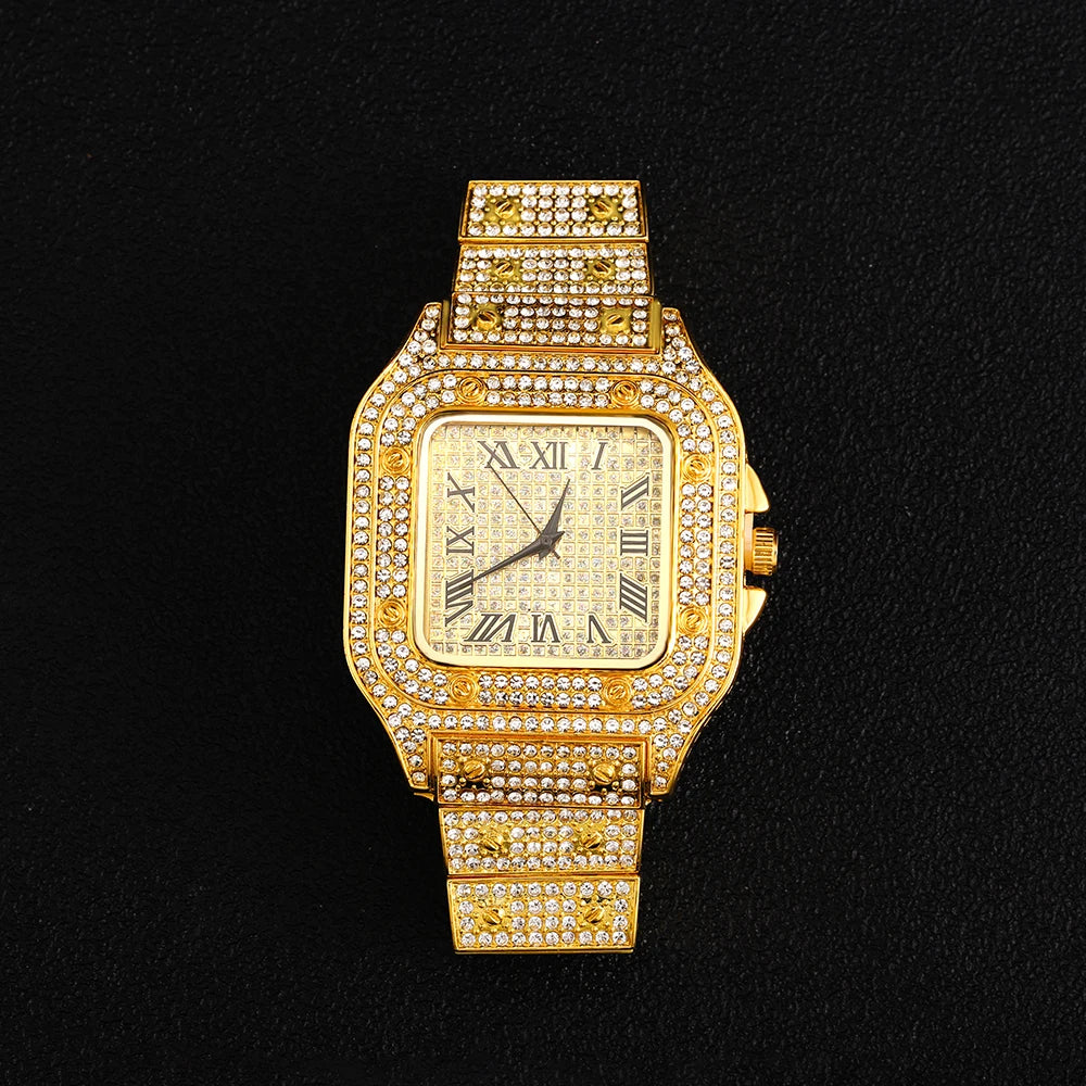 2024 Full Iced Out Watch Mens Cuban Link Chain Bracelet watch Bling Jewelry for Men Big Gold Chains Hip Hop Men Watch Set