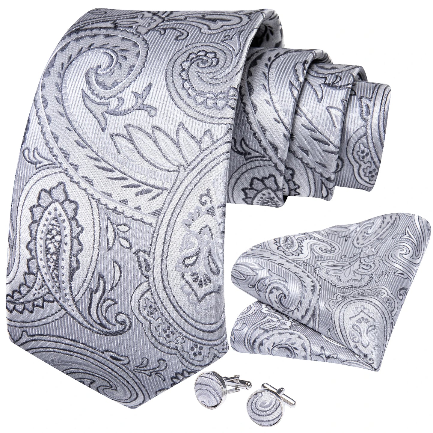 Black And Silver Paisley Floral Men's Ties Gray Blue Pink Wedding Accessories Neck Tie Set Handkerchief Cufflinks Gift For Men