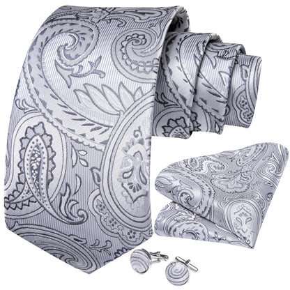 Black And Silver Paisley Floral Men's Ties Gray Blue Pink Wedding Accessories Neck Tie Set Handkerchief Cufflinks Gift For Men