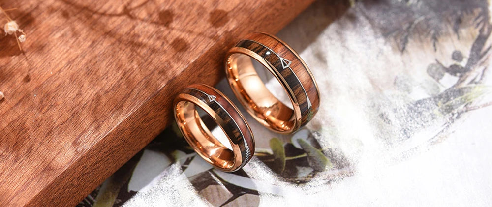 Fashion 8mm Rose Gold Color Stainless Steel Guitar String Rings for Men Koa Wood Inlay Ring Whiskey Barrel Mens Wedding Band