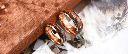 Fashion 8mm Rose Gold Color Stainless Steel Guitar String Rings for Men Koa Wood Inlay Ring Whiskey Barrel Mens Wedding Band