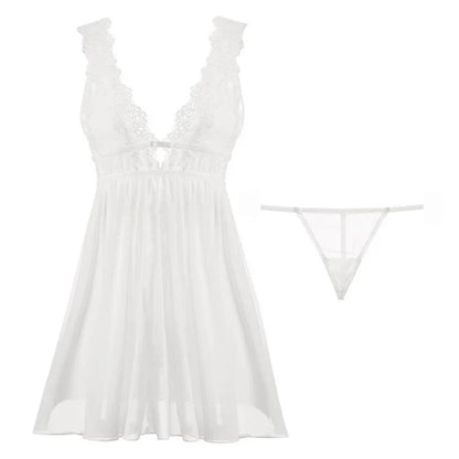 CINOON Summer Women's Lace Trim Sheer Mesh Babydoll Nightdress V-Neck Backless Sleepwear Sexy Lingerie Solid Color Dress