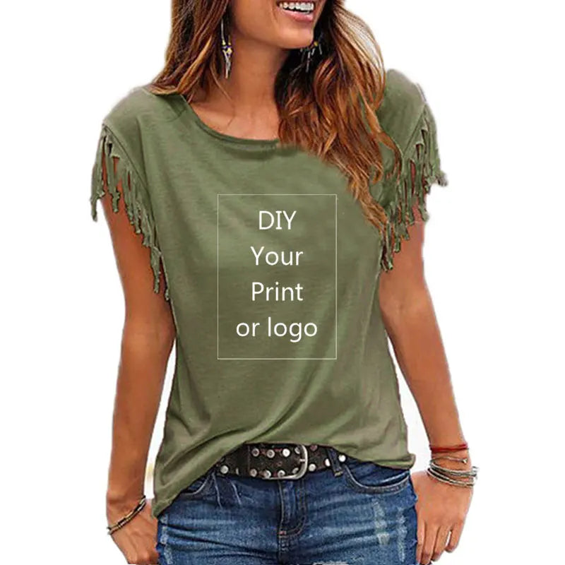 2026 New Customized Print T Shirt for Women DIY Your Like Photo or Logo Top Tassel Short Sleeve O-neck Cotton Tee