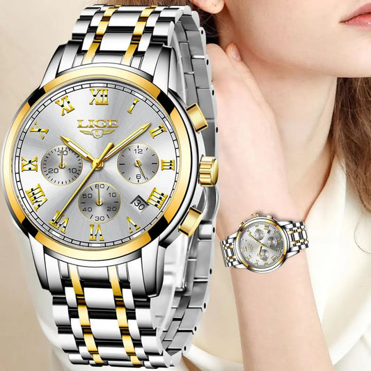 LIGE Women's Watches Ladies Quartz Watch Waterproof Stainless Steel Strap Chronograph Watch for Women Fashion Watch Bracelet Set