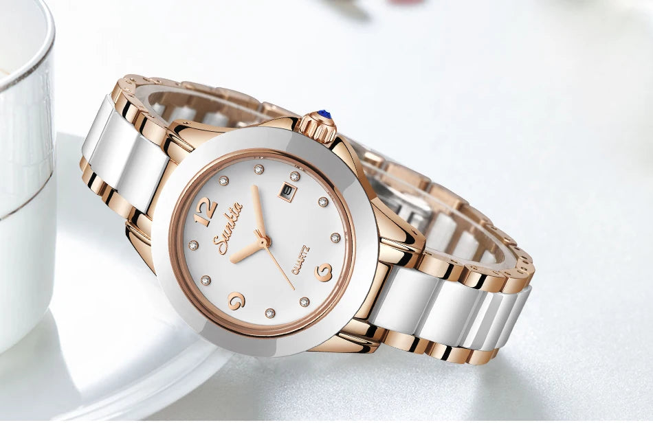 LIGE Brand SUNKTA Fashion Casual Woman Watch Ceramic Simple Bracelet Quartz Ladies Watches Date Waterproof Women's Wristwatches