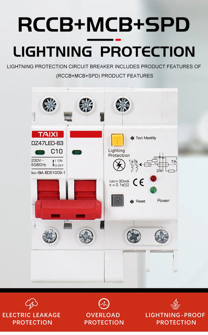 DZ47LED Residual current circuit breaker 220V 10A 16A 20A 40A 32A 63A with surge protector RCBO Lightning protection SPD