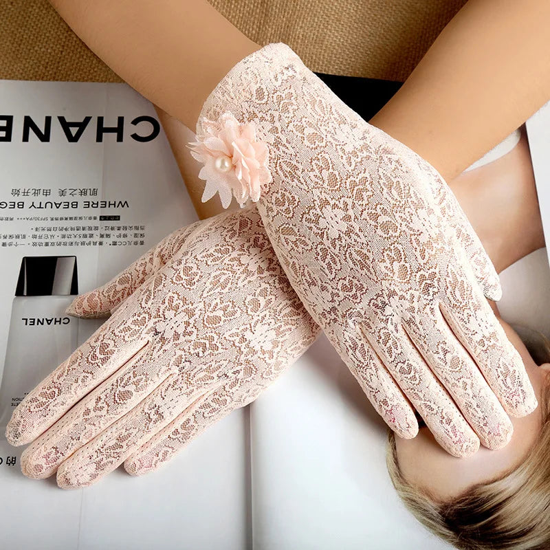 Women Summer Sexy Hollow Lace Flower Elegant Breathable Sunscreen Anti-UV Drive Cycling Touch Screen Gloves Short Pearl
