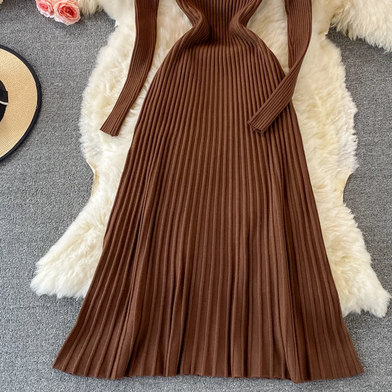 SINGREINY Women Pleated Knitted Dress Turtleneck Long Sleeve Elastic Slim Pencil Dress Autumn Winter Sexy Bodycon Sweater Dress