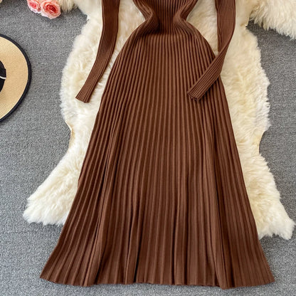 SINGREINY Women Pleated Knitted Dress Turtleneck Long Sleeve Elastic Slim Pencil Dress Autumn Winter Sexy Bodycon Sweater Dress