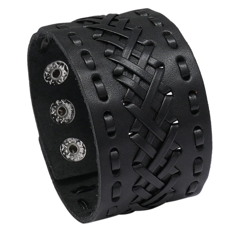 KOTik 2024 New Fashion Genuine Leather Wide Cuff Bangles Punk Vintage Three Layers Wide Black Brown Men Jewelry Bracelets