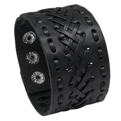 KOTik 2024 New Fashion Genuine Leather Wide Cuff Bangles Punk Vintage Three Layers Wide Black Brown Men Jewelry Bracelets