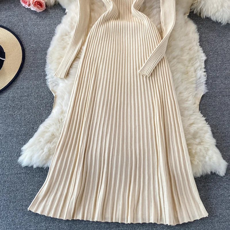 SINGREINY Women Pleated Knitted Dress Turtleneck Long Sleeve Elastic Slim Pencil Dress Autumn Winter Sexy Bodycon Sweater Dress