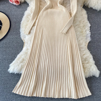 SINGREINY Women Pleated Knitted Dress Turtleneck Long Sleeve Elastic Slim Pencil Dress Autumn Winter Sexy Bodycon Sweater Dress