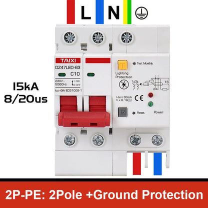 DZ47LED Residual current circuit breaker 220V 10A 16A 20A 40A 32A 63A with surge protector RCBO Lightning protection SPD