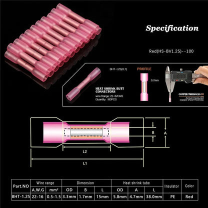 50/200/500pcs Heat Shrink Butt Cable Wire Crimp Connector 0.5-1.5mm2 Electrical Terminals Quick Connector BHT1.25 Red 22-18 AWG