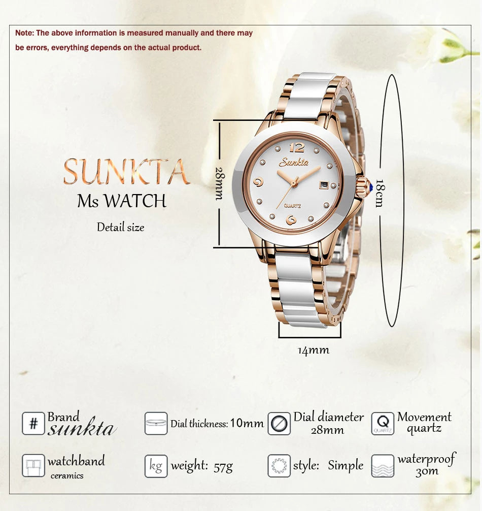 LIGE Brand SUNKTA Fashion Casual Woman Watch Ceramic Simple Bracelet Quartz Ladies Watches Date Waterproof Women's Wristwatches