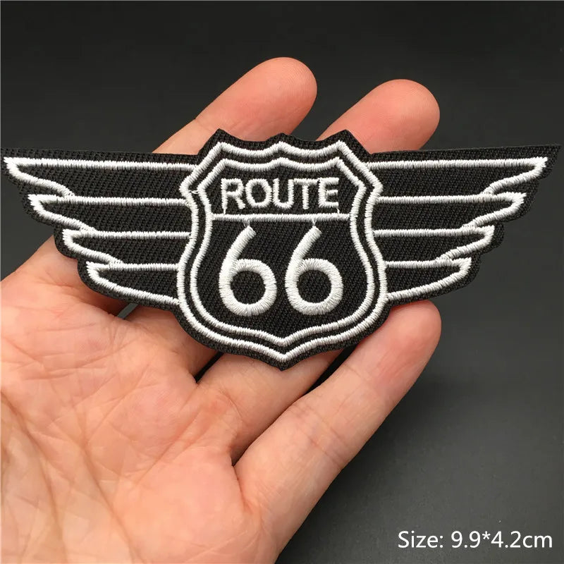 Route 66 Patch Size: 9.9x4.2cm Iron on Patch for Clothing Stripe Applique Sewing Clothes Sticker Diy Decoration Embroidery Badge
