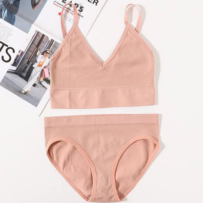 Women Seamless Bra Panties Set U Back Bra Fitness Crop Top Sexy Lingerie Set No Pads Brassiere Low Rise Briefs Underwear Set