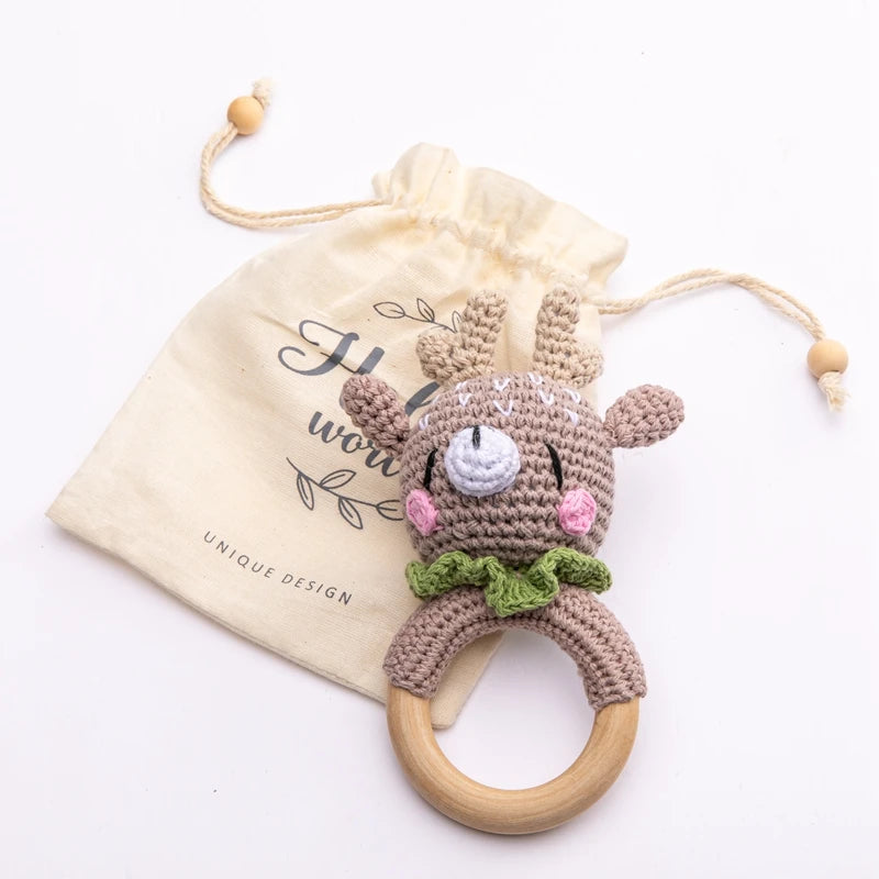 Baby Crochet Animal Rattle Wooden Toys for Children BPA Free Wood Rattle Baby Teether Stroller Game Educational Toy Newborn Gift