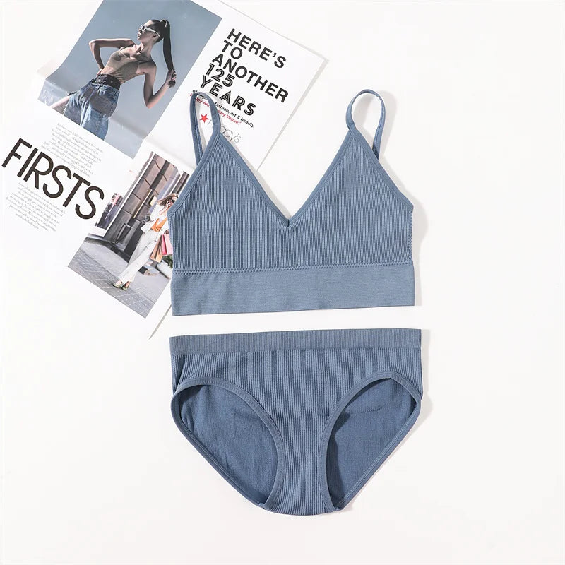 Women Seamless Bra Panties Set U Back Bra Fitness Crop Top Sexy Lingerie Set No Pads Brassiere Low Rise Briefs Underwear Set