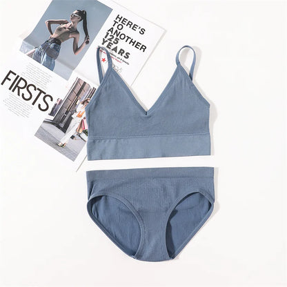 Women Seamless Bra Panties Set U Back Bra Fitness Crop Top Sexy Lingerie Set No Pads Brassiere Low Rise Briefs Underwear Set