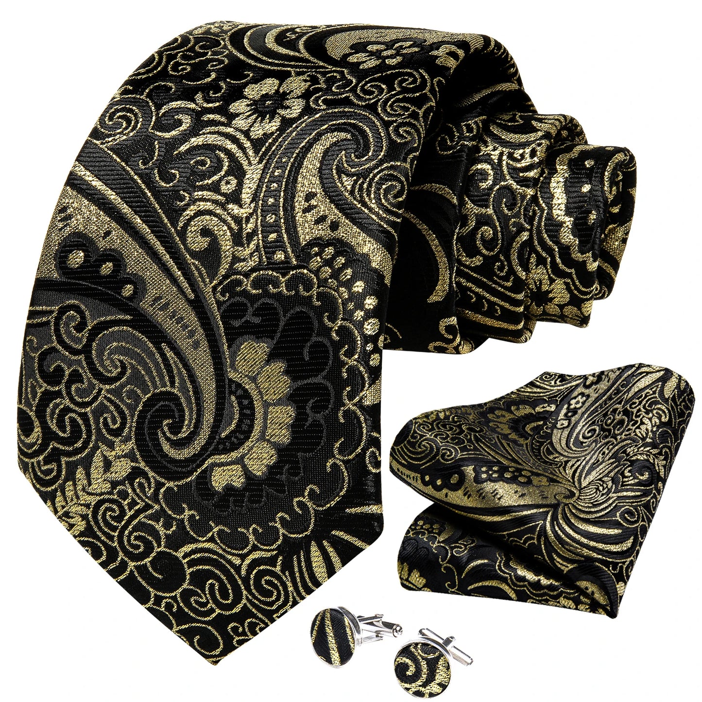 Black And Silver Paisley Floral Men's Ties Gray Blue Pink Wedding Accessories Neck Tie Set Handkerchief Cufflinks Gift For Men