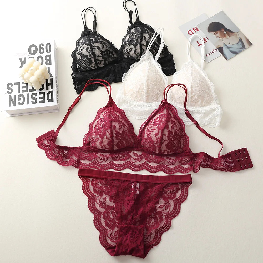 Lace Bra And Panties Set Women Push-Up Bralette Low-Rise Briefs Padded Lingerie Set Female Wireless Underwear Sexy Intimates