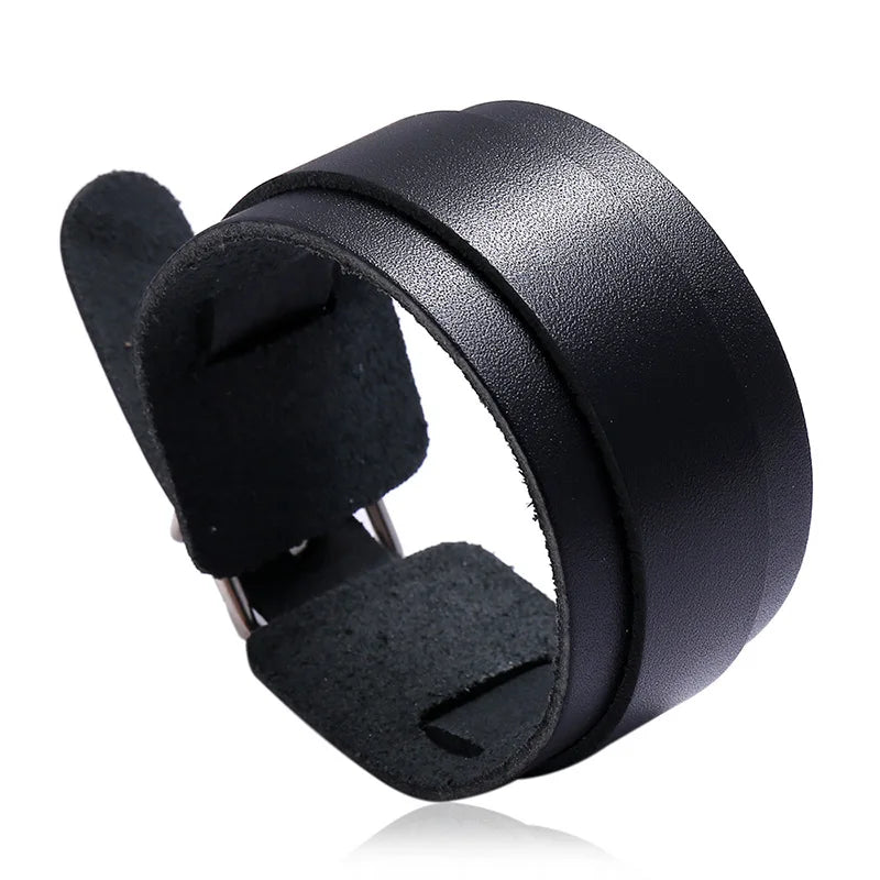 KOTik 2024 New Fashion Genuine Leather Wide Cuff Bangles Punk Vintage Three Layers Wide Black Brown Men Jewelry Bracelets