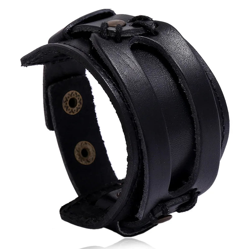KOTik 2024 New Fashion Genuine Leather Wide Cuff Bangles Punk Vintage Three Layers Wide Black Brown Men Jewelry Bracelets