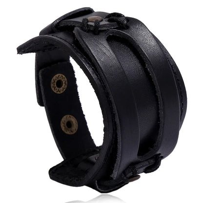 KOTik 2024 New Fashion Genuine Leather Wide Cuff Bangles Punk Vintage Three Layers Wide Black Brown Men Jewelry Bracelets