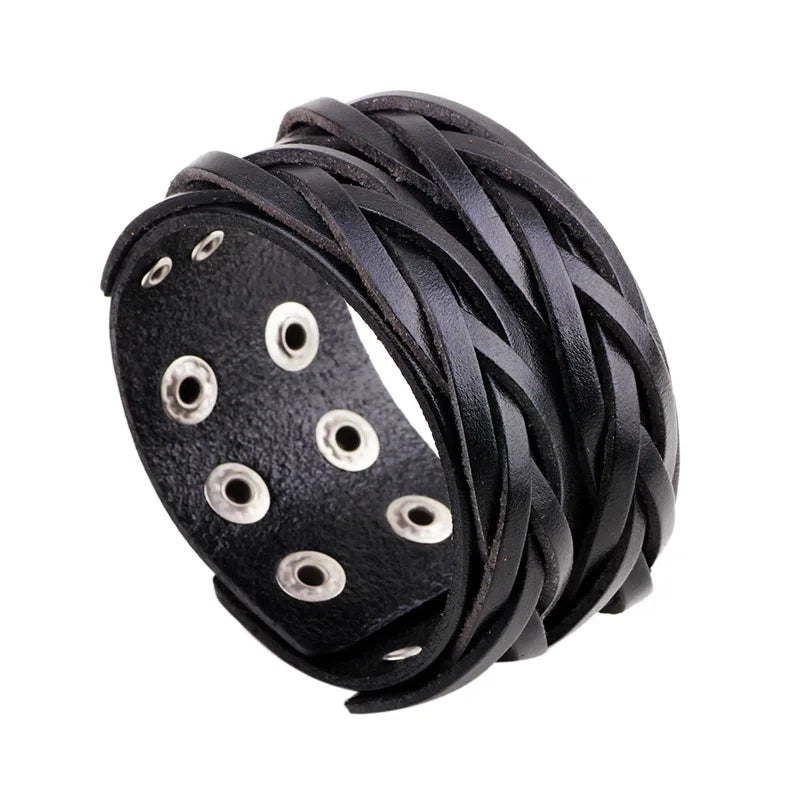 KOTik 2024 New Fashion Genuine Leather Wide Cuff Bangles Punk Vintage Three Layers Wide Black Brown Men Jewelry Bracelets