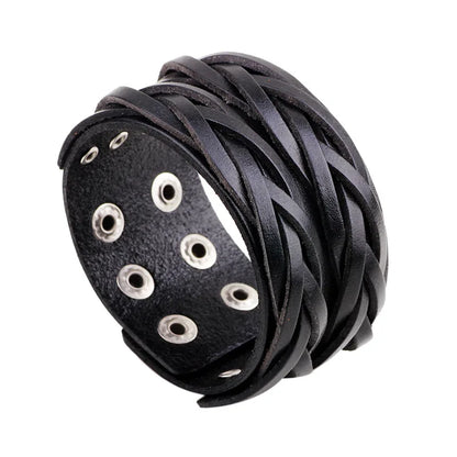 KOTik 2024 New Fashion Genuine Leather Wide Cuff Bangles Punk Vintage Three Layers Wide Black Brown Men Jewelry Bracelets
