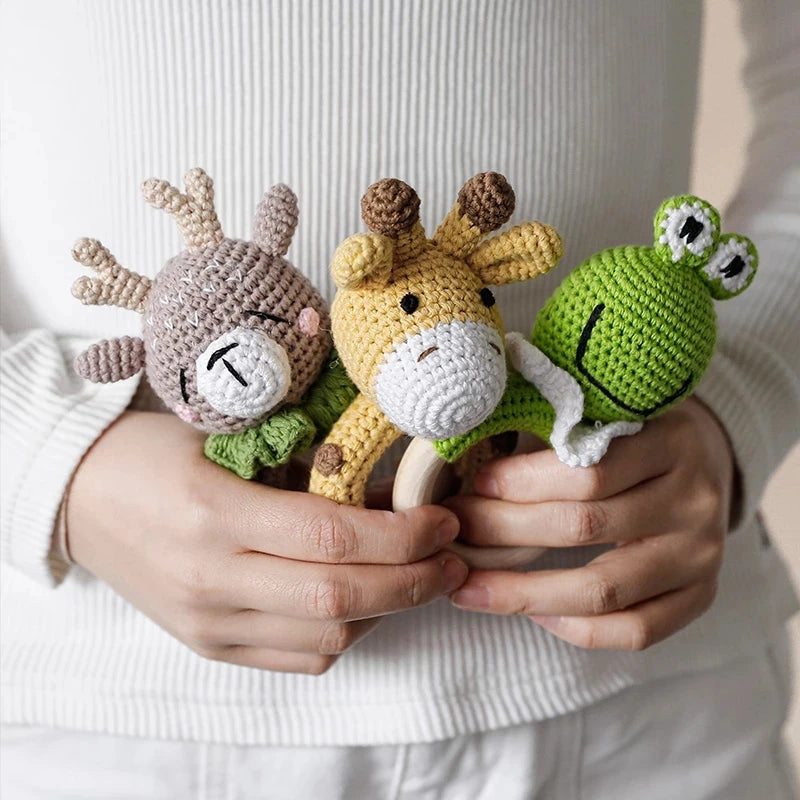 Baby Crochet Animal Rattle Wooden Toys for Children BPA Free Wood Rattle Baby Teether Stroller Game Educational Toy Newborn Gift