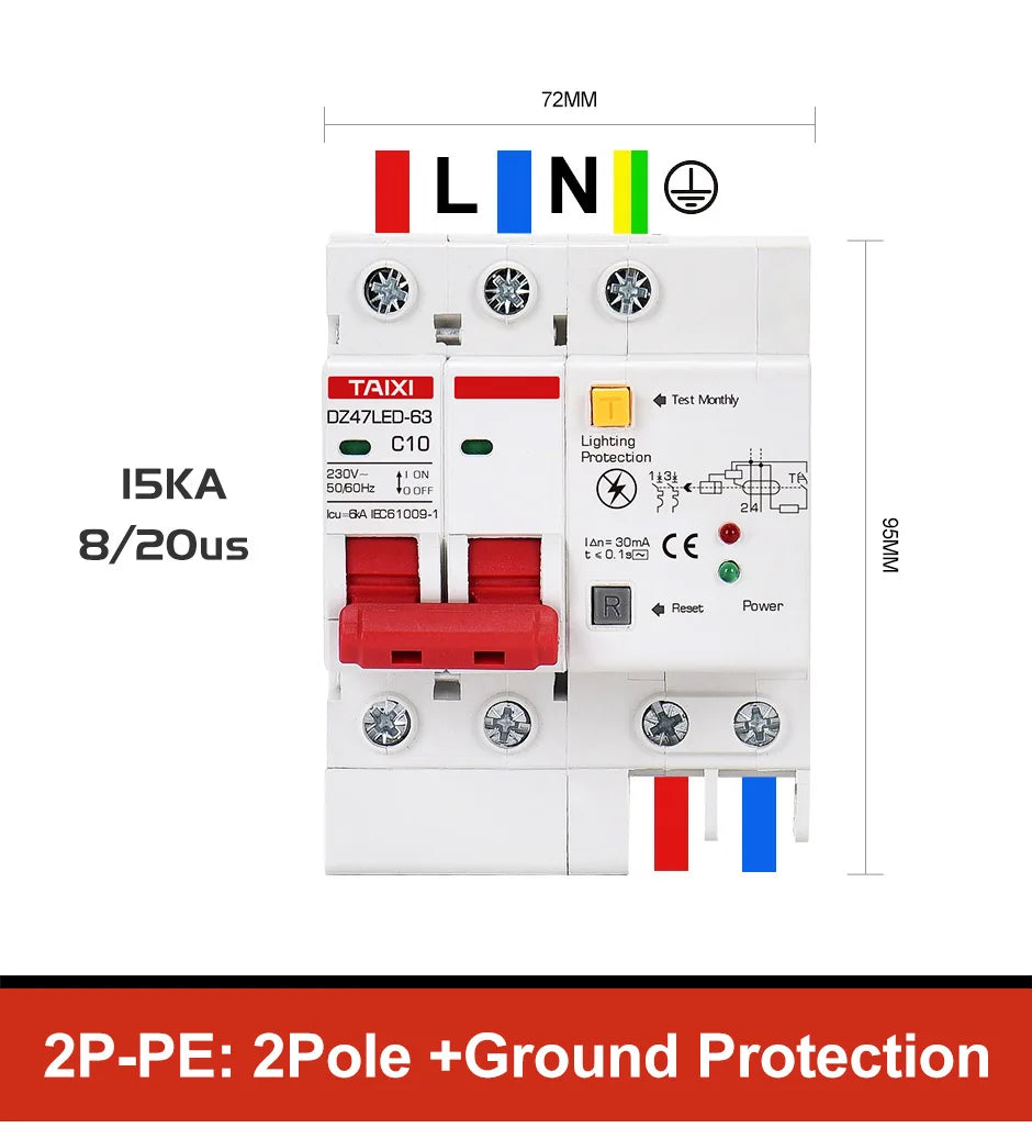 DZ47LED Residual current circuit breaker 220V 10A 16A 20A 40A 32A 63A with surge protector RCBO Lightning protection SPD