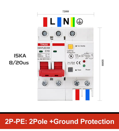 DZ47LED Residual current circuit breaker 220V 10A 16A 20A 40A 32A 63A with surge protector RCBO Lightning protection SPD