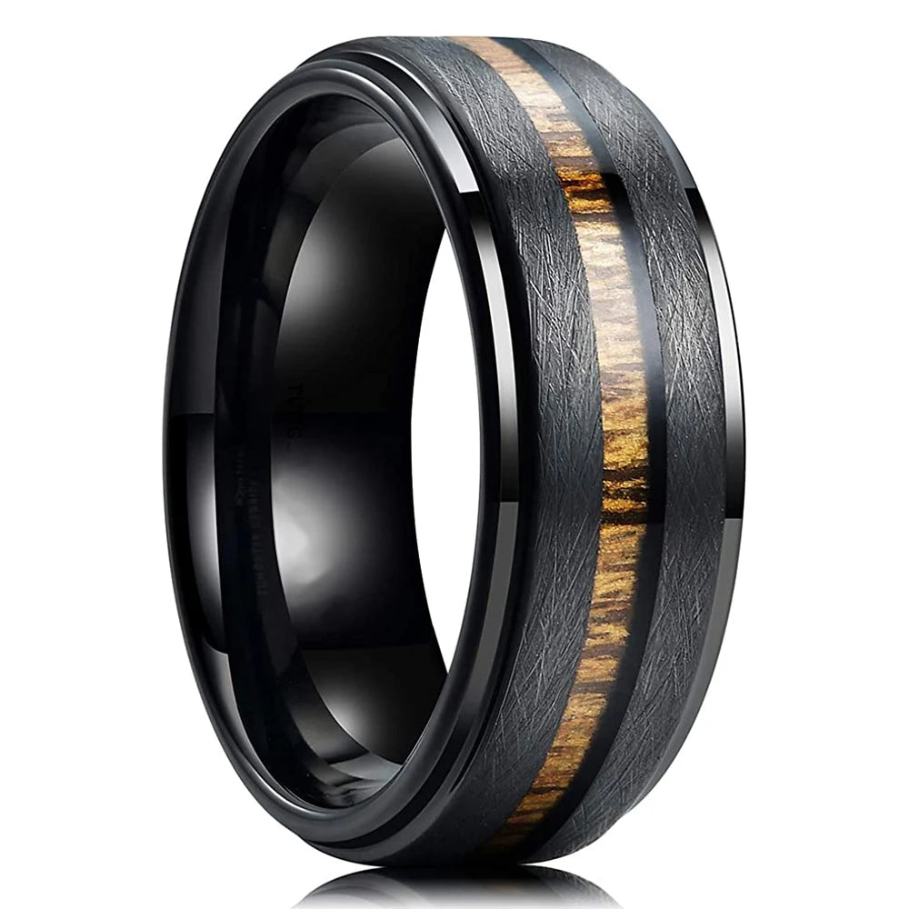 Fashion 8mm Rose Gold Color Stainless Steel Guitar String Rings for Men Koa Wood Inlay Ring Whiskey Barrel Mens Wedding Band