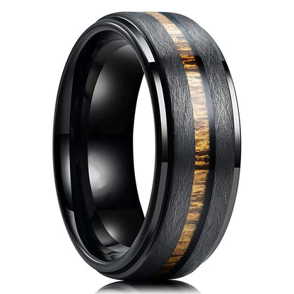 Fashion 8mm Rose Gold Color Stainless Steel Guitar String Rings for Men Koa Wood Inlay Ring Whiskey Barrel Mens Wedding Band