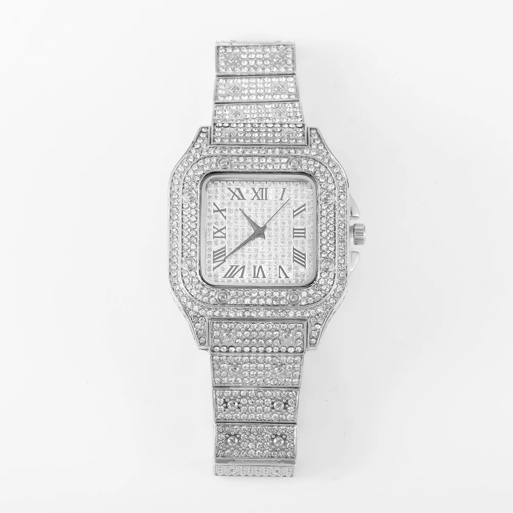 2024 Full Iced Out Watch Mens Cuban Link Chain Bracelet watch Bling Jewelry for Men Big Gold Chains Hip Hop Men Watch Set