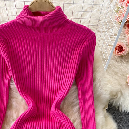 SINGREINY Women Pleated Knitted Dress Turtleneck Long Sleeve Elastic Slim Pencil Dress Autumn Winter Sexy Bodycon Sweater Dress