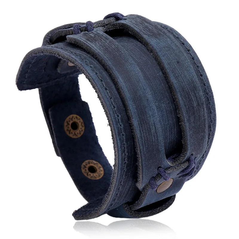 KOTik 2024 New Fashion Genuine Leather Wide Cuff Bangles Punk Vintage Three Layers Wide Black Brown Men Jewelry Bracelets