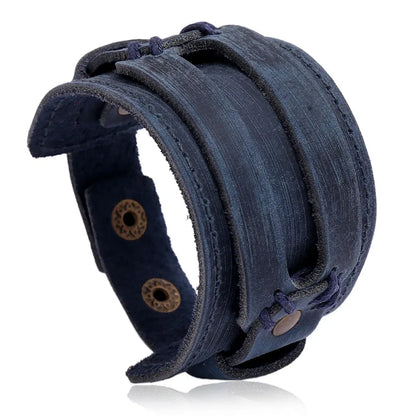 KOTik 2024 New Fashion Genuine Leather Wide Cuff Bangles Punk Vintage Three Layers Wide Black Brown Men Jewelry Bracelets