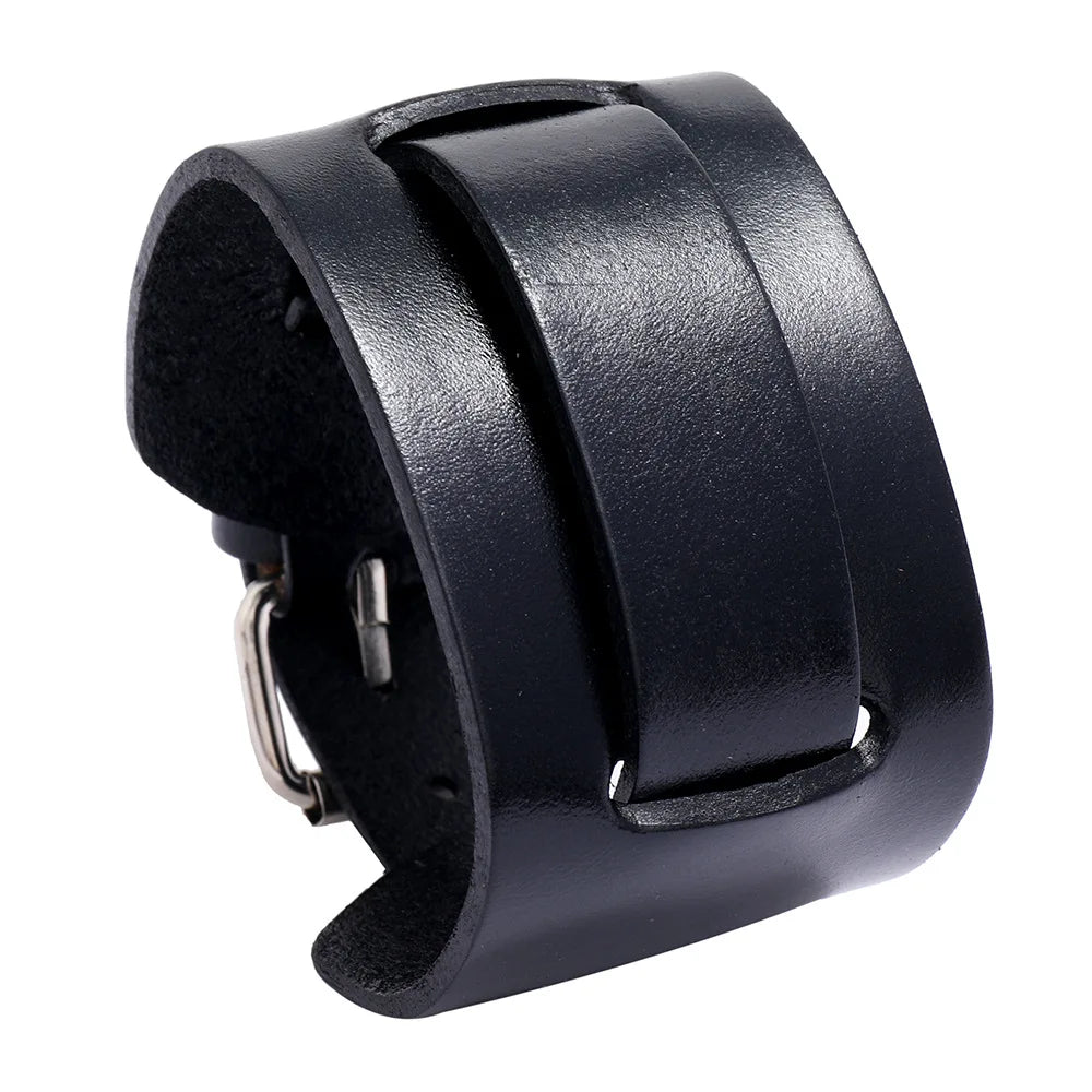 KOTik 2024 New Fashion Genuine Leather Wide Cuff Bangles Punk Vintage Three Layers Wide Black Brown Men Jewelry Bracelets