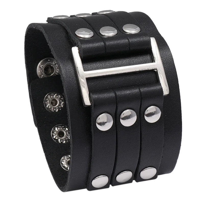 KOTik 2024 New Fashion Genuine Leather Wide Cuff Bangles Punk Vintage Three Layers Wide Black Brown Men Jewelry Bracelets