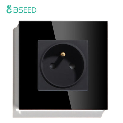 BSEED France Standard Single Wall French Socket Double Power Plug With White Black Gloden Crystal Glass Panel 16A 110V-250V