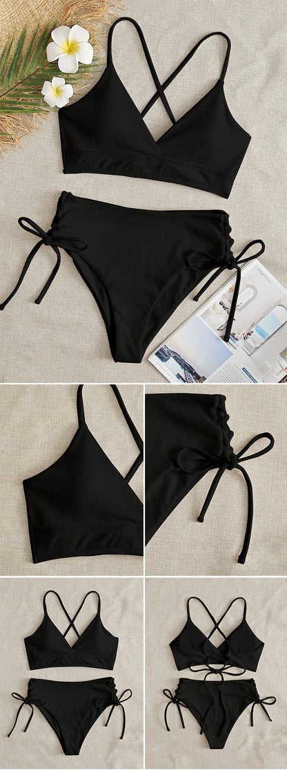 New European and American Swimwear Women Cross-border Solid Color V-neck Sexy Bikini suit High Waist Drawstring Split Swimsuit