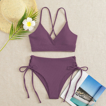 New European and American Swimwear Women Cross-border Solid Color V-neck Sexy Bikini suit High Waist Drawstring Split Swimsuit