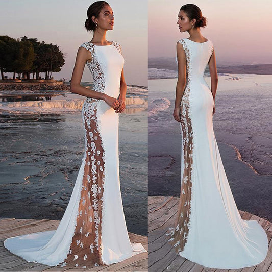 Cross-border European and American Evening Dress Lace Stitching Super Long Dress Vacation Sexy Hollow Female Amazon Factory
