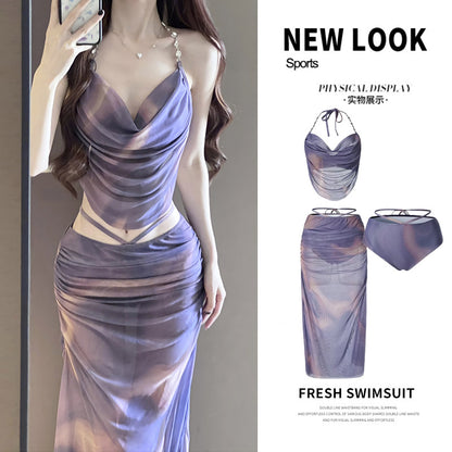 Hot Girl Bikini Swimsuit Female Three-Piece Seaside Vacation Long Skirt Small Breast Push-Up with Underwire Sexy Hot Spring Swimsuit