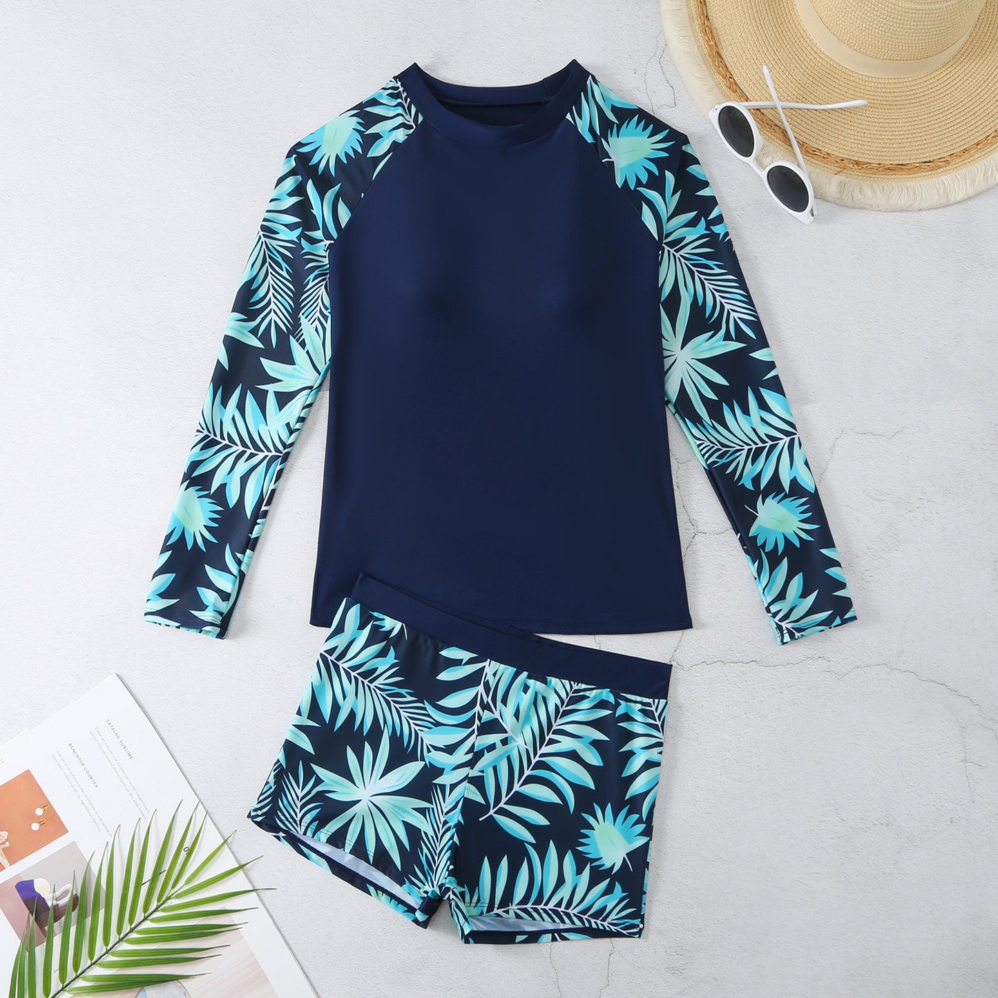 2025 New European and American Foreign Trade Cross-border Swimsuit Women's Long-sleeved Digital Printing Conservative Women's Split Bikini Swimsuit