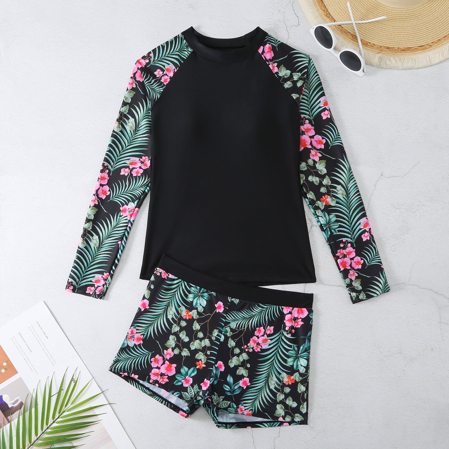 2025 New European and American Foreign Trade Cross-border Swimsuit Women's Long-sleeved Digital Printing Conservative Women's Split Bikini Swimsuit